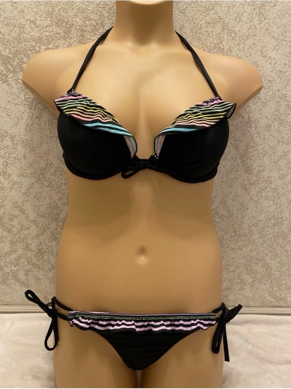 Victoria's Secret Black Bombshell Bikini with Pastel Multicolor Ruffle Trim
